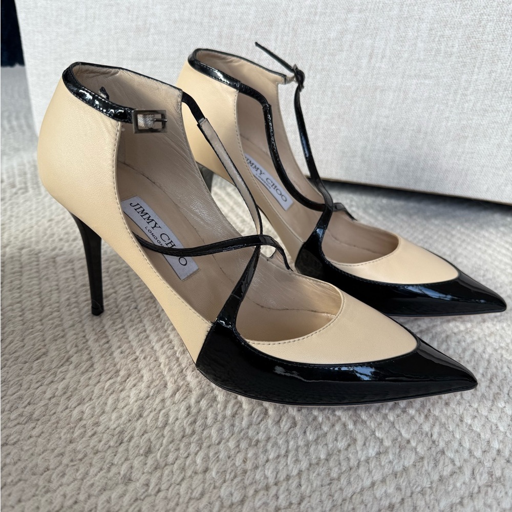 NWT Jimmy Choo Black and Cream T Strap Leather Heels sz 39